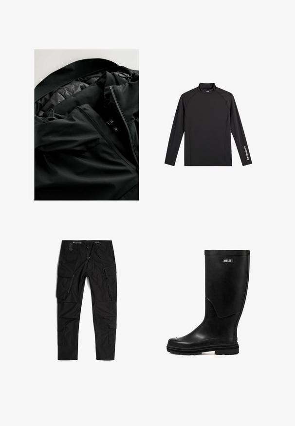 Schwarze wasserdichte Jacke mit glatter Außenseite und gestepptem Innenfutter, ausgestattet mit verstellbaren Zugbändern und Reißverschlusstaschen.; Schwarzes Langarm-Sportoberteil mit Stehkragen, schlanker Passform und weißem "J.Lindeberg"-Logo am linken Ärmel und Kragen.; G-STAR TOOLBOX - Cargohose - dk black; Schwarzer Gummi-Regenstiefel mit glatter Textur, runder Zehenform und einem Logo-Patch. Verfügt über eine mittelhohe Schafthöhe und eine strukturierte Sohle für besseren Halt.