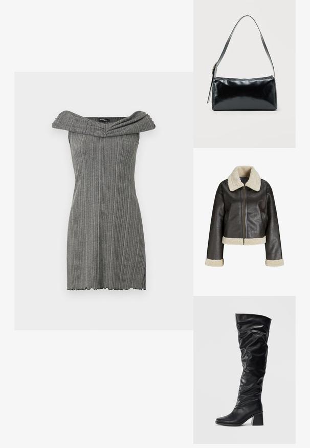 Chaqueta de cuero sintético marrón con un cuello de borreguito crema, cierre de cremallera y puños a juego. Presenta un diseño corto y una superficie texturizada.; Vestido gris con hombros descubiertos, de textura acanalada vertical, con un escote ancho y doblado y un dobladillo con forma de concha.; Botas negras hasta la rodilla hechas de cuero brillante con un diseño arrugado, puntera afilada y un tacón grueso. Textura suave con un brillo sutil.; Bolso de hombro rectangular negro con una correa ajustable y un cierre de cremallera superior sobre un fondo liso.