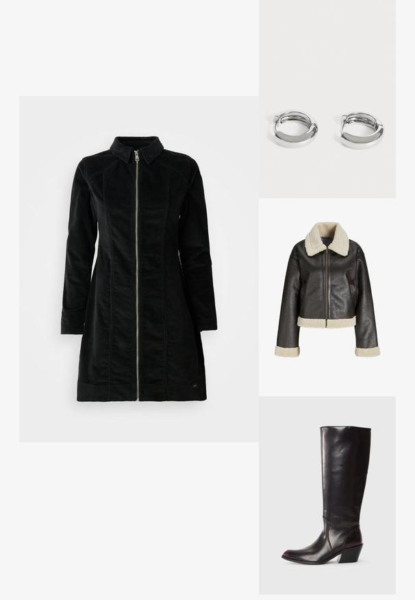 Braune Kunstlederjacke mit einem cremefarbenen Schafslederkragen, Reißverschluss und passenden Manschetten. Hat ein kurzes Design und eine strukturierte Oberfläche.; Schwarze Cordjacke mit hohem Kragen, langen Ärmeln und einem Frontreißverschluss, gerader Schnitt und minimalistisches Design.; Knöchelhigh, dunkelbraune Lederstiefel mit spitzem Zeh, eckigem Blockabsatz und glatter, glänzender Textur. Verfügt über ein klares Design und Steppnähte.; Paar kleine, glänzende silberne Creolen mit glatten, abgerundeten Oberflächen auf einfachem weißem Hintergrund.