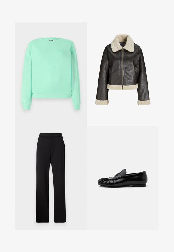 Veste en cuir synthétique marron avec un col en shearling crème, fermeture éclair et poignets assortis. Présente un design court et une surface texturée.; Sweatshirt vert menthe, col rond, manches longues, poignets côtelés, tissu doux, arborant un motif brodé discret sur la poitrine.; Pantalon noir ajusté, design à jambe droite, tissu lisse avec une texture subtile, doté d'une ceinture standard et sans poches visibles.; Mocassin en cuir noir brillant avec couture mocassin et design slip-on sur fond blanc uni.