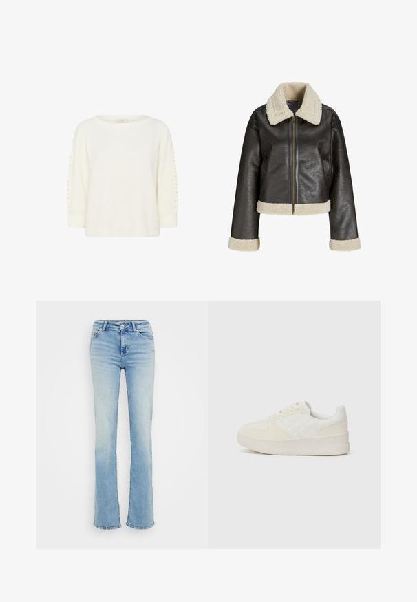 Brun kunstlæderjakke med en cremet shearlingkrave, lynlåslukning og matchende manchetter. Har et cropped design og tekstureret overflade.; Kaffe KABETTY - Striktrøje - chalk cc; ONLY Tall ONLBLUSH MID - Jeans Straight Leg - light blue denim; Hvid sneakers med en quiltet sidepanel, flade snørebånd, polstret krave og en tekstureret gummiydersål, med en afrundet tå og glat overflade.