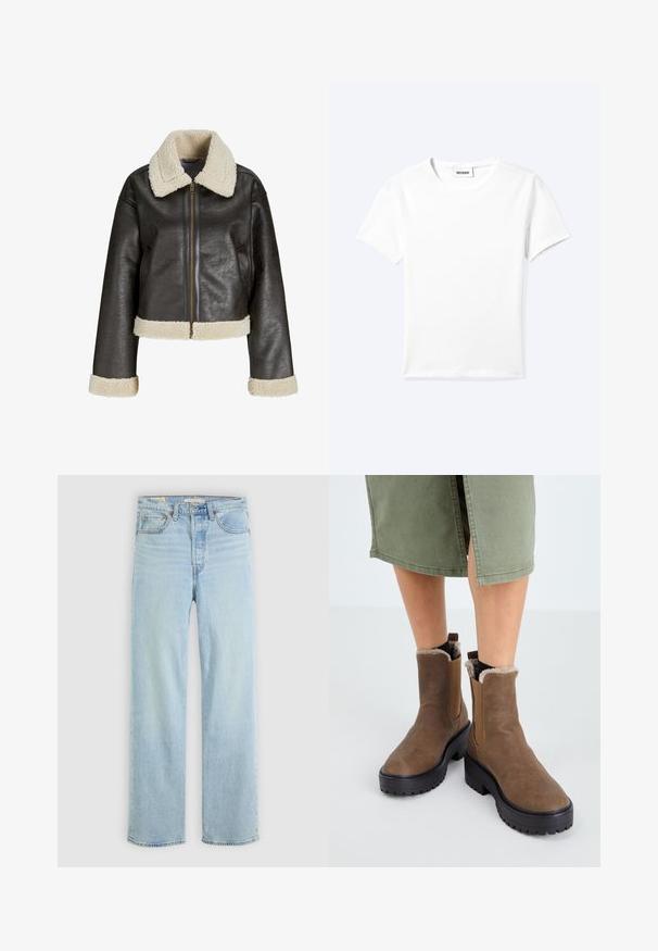 Veste en cuir synthétique marron avec un col en shearling crème, fermeture éclair et poignets assortis. Présente un design court et une surface texturée.; T-shirt blanc uni à manches courtes et col rond avec une petite étiquette "WEEKDAY" à l'intérieur de l'encolure, présenté à plat sur un fond clair.; Jean en denim bleu clair avec une coupe droite, comportant cinq poches, une fermeture éclair classique et des accents de couture visibles.; Bottines en cuir marron avec une semelle en caoutchouc, une doublure douce et des inserts élastiques sur les côtés. Elles présentent un petit talon carré et une texture lisse.