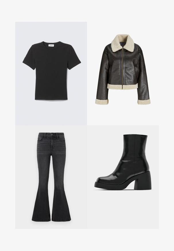 Veste en cuir synthétique marron avec un col en shearling crème, fermeture éclair et poignets assortis. Présente un design court et une surface texturée.; T-shirt noir à manches courtes col rond posé à plat avec une petite étiquette blanche à l'intérieur du col sur un fond clair.; Jean noir évasé en denim de couleur unie, avec une taille standard, cinq poches et des détails de couture subtils à l'avant.; Bottines noires à finition brillante, bout carré et épais talon bloc. Le design présente une silhouette homogène et un branding minimal.