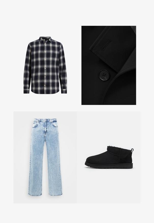 Sort blazer med et notch-krave, fremtrædende knaplukning og subtile syninger på kraveflappen. Glat stoftekstur.; Marineblå og cremeplaid flannel skjorte med knapkrave, lange ærmer og beige knapper; har en blød tekstur og en struktureret form.; Lyseblå denimjeans med vid ben-design, fem lommer og knaplukning. Har diskrete falmninger og kontrastsyet.; Sorte ruskind ankelstøvler med en blød, tekstureret foring, lavprofilgummi sål og en løkke bagpå for nem påtagning.