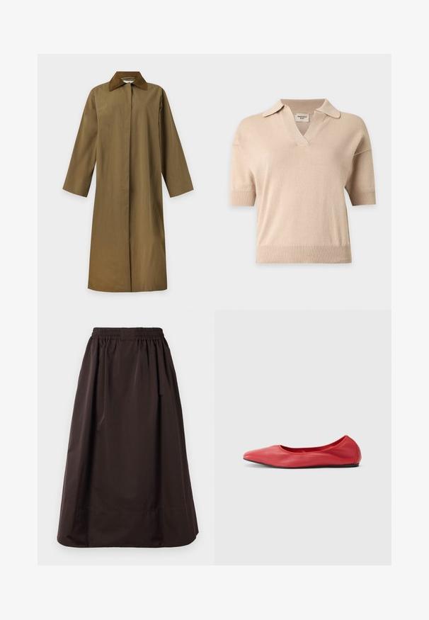 Long manteau marron avec des boutons dissimulés à l’avant et un col en velours côtelé marron plus foncé, présenté sur un fond clair uni.; Pull en maille beige à manches courtes avec ourlet et poignets côtelés, col ouvert et encolure en V.; Jupe midi marron avec taille élastique et large ourlet, fabriquée en tissu lisse avec des plis subtils sous la taille.; Filippa K REY FLATS - Ballerines - bright red