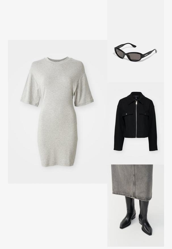 Kurze schwarze Jacke aus weichem Stoff mit einem Reißverschluss vorne, spitzem Kragen und zwei Brusttaschen mit silbernen Druckknöpfen.; Graues Kurzarmkleid aus weichem, leichtem Stoff, mit lockerem Schnitt und Rundhalsausschnitt, der sich zum Saum hin leicht verjüngt.; Schwarze Leder-Cowboystiefel mit spitzem Fuß und klobigem Absatz, die ein glattes Finish und ein elegantes Design aufweisen, kombiniert mit einem grauen Rock.; Schwarze Sonnenbrille mit rechteckigem Rahmen, dunklen Gläsern, glattem Kunststoffmaterial und einem metallischen Akzent am Bügel.