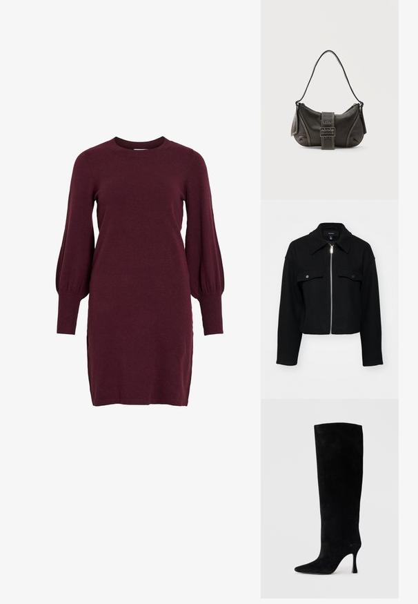 Veste noire courte en tissu doux, dotée d'une fermeture éclair à l'avant, d'un col pointu et de deux poches poitrine avec des boutons-pression en argent.; Robe en tricot bordeaux avec de longues manches bouffantes, un col rond et des poignets côtelés. Présente une silhouette ajustée et des fentes sur les côtés à l'ourlet.; Botte noire en suede jusqu'au genou avec un bout pointu et un fine talon, présentant une texture lisse et un design épuré.; Sac à épaule en cuir noir avec une sangle à boucle, des bords arrondis et des coutures blanches contrastées sur un fond uni.