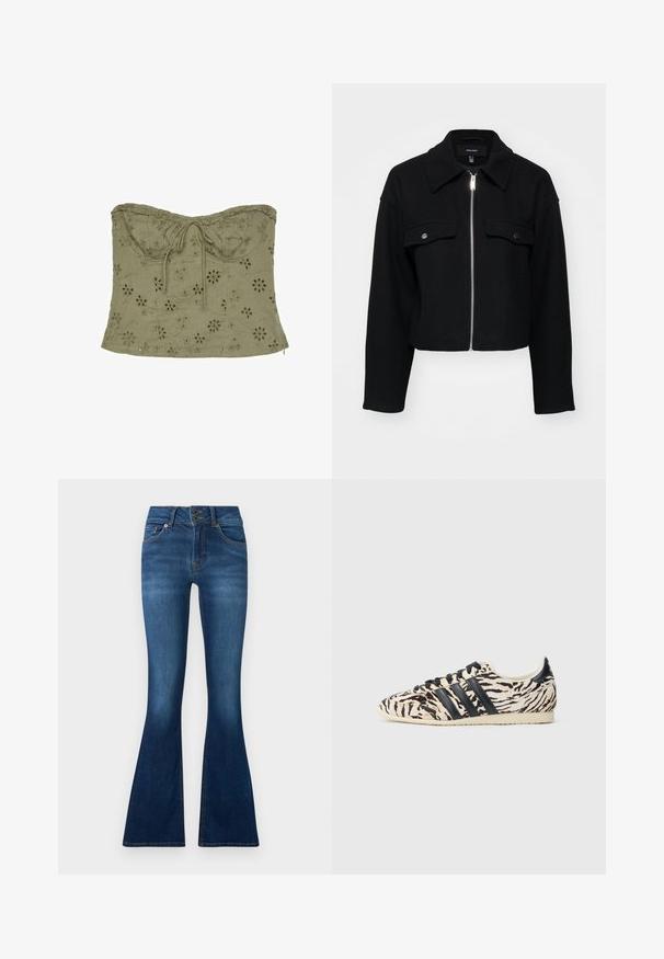 Veste noire courte en tissu doux, dotée d'une fermeture éclair à l'avant, d'un col pointu et de deux poches poitrine avec des boutons-pression en argent.; Top court bustier vert olive avec broderie florale à œillets et détail noué à l'avant au niveau de l'encolure.; Jean évasés en denim bleu foncé. Présente une fermeture à deux boutons, cinq poches et des détails délavés sur les jambes. Design de taille standard.; Baskets Adidas avec un motif rayé tigre, présentant une texture pelucheuse beige et noire, sur une semelle en caoutchouc crème avec des lacets et des bandes noires.