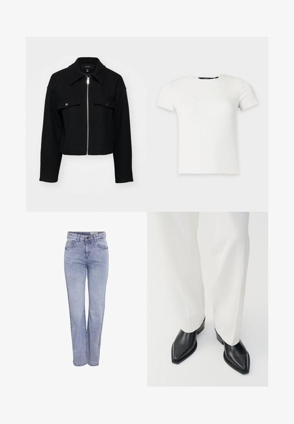 Chaqueta negra corta hecha de un tejido suave, con cierre de cremallera al frente, cuello puntiagudo y dos bolsillos en el pecho con botones a presión plateados.; Camiseta blanca de punto acanalado con mangas cortas y cuello redondo, presentada sobre un fondo liso gris claro.; Jeans rectos de mezclilla de color azul claro, con cierre de botón, cinco bolsillos y un ligero desgaste en la parte frontal y trasera.; Botas de tobillo negras con punta afilada y acabado de cuero liso, con tacones bajos y bloque, combinadas con pantalones blancos de pierna ancha. Diseño simple y moderno.