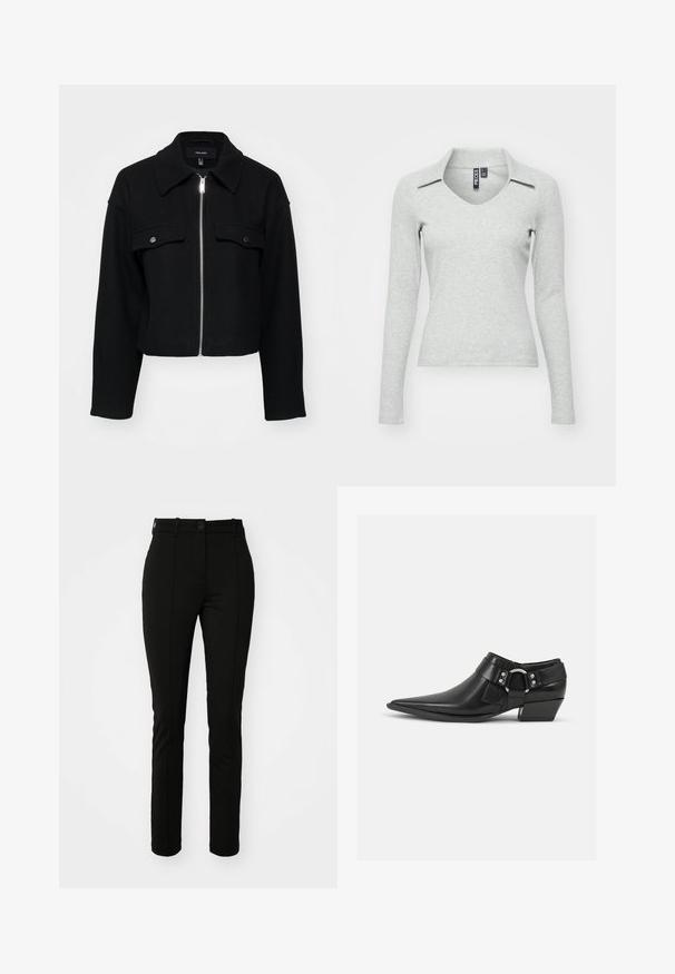 Veste noire courte en tissu doux, dotée d'une fermeture éclair à l'avant, d'un col pointu et de deux poches poitrine avec des boutons-pression en argent.; Haut gris clair à manches longues, en V avec col, fabriqué dans un tissu doux et texturé, présentant une coupe ajustée et un minimum de détails.; Pantalons en polyester noir avec une coupe slim, devant plat et fermeture à un bouton, dotés de plis avant et sans poches visibles.; Bottines en cuir noir avec un bout pointu, présentant une sangle en cuir à l'avant et un détail de boucle en argent, ainsi qu'un petit talon carré.