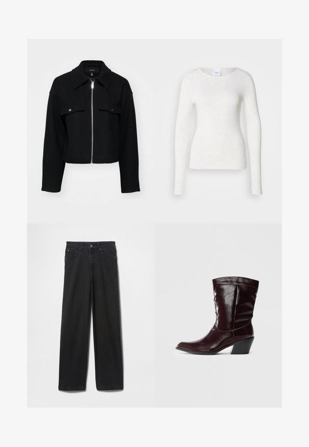 Veste noire courte en tissu doux, dotée d'une fermeture éclair à l'avant, d'un col pointu et de deux poches poitrine avec des boutons-pression en argent.; T-shirt blanc à manches longues en tissu doux et léger avec un col rond et une coupe ajustée, présentant une texture subtile.; Jean en denim noir avec une coupe droite, fermeture par bouton et fermeture éclair, poches avant et arrière, et une texture lisse.; Bottines en cuir bourgogne avec un bout pointu, une surface texturée et un petit talon effilé. Présente une couture discrète et un ajustement confortable.