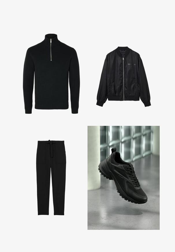 Schwarze Satin Bomberjacke mit Frontreißverschluss, geripptem Kragen und Bündchen, Seitentaschen und dezentem "ALLSAINTS"-Logo auf der Brust.; Schwarzer langärmeliger Strickpullover mit einem gerippten hohen Kragen und einem silberfarbenen Halbreißverschluss in der vorderen Mitte.; Reiss REGULAR FIT - SET BELTED TECHNICAL - Stoffhose - black; Schwarzer Sportschuh mit strukturierter Sohle und Schnürsenkeln, schwebend über einem grauen Boden vor einer Glasbausteinwand.