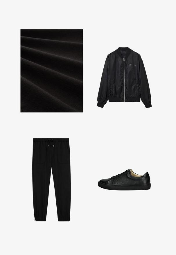 Mustat satiin bomber-takki, jossa on etuvetoketju, ribbireunainen kaulus ja hihansuut, sivutaskut sekä hillitty "ALLSAINTS" logo rinnassa.; Musta kangas, jossa on sileä tekstuuri, kuvattuna laskoksissa, esittäen hienovaraista kiiltoa ja hienoa neuloskuviota, korostaen sen pehmeää ulkonäköä.; Musta juoksuhousut, joissa on joustava vyötärönauha, kiristysnauha, etutaskut ja joustavat lahkeensuut valkoisella taustalla.; Musta nahkakengät, joissa on teksturoitu pinta, pyöreä kärki, litteä pohja ja kontrastivälinen beige sisus; varustettu mustilla nauhoilla ja minimalistisella muotoilulla.