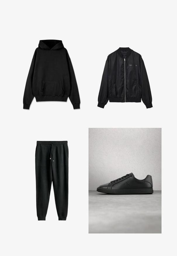 Sort satin bomberjakke med lynlås foran, ribbet krave og manchetter, sidelommer og diskret "ALLSAINTS" logo på brystet.; Pegador LOGO OVERSIZED HOODIE - Hættetrøje - vintage black black; Sorte sweatpants med snoretræk i taljen, sidelommer, tapered ben og ribbede manchetter. Fremstillet af blødt stof med en glat tekstur.; Sort læder sneaker med snørebånd og præget "ck" logo, der svæver over en grå gulv nær en glasblokvæg.