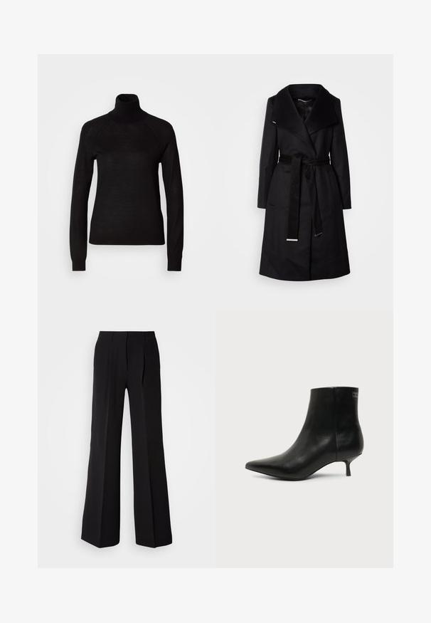 Sort, lang uldfrakke med stor krave, omslag design, bælte i taljen og to sidelommer. Har en glat tekstur og minimal hardware.; Sort turtleneck sweater lavet af et let strikket stof. Har lange ærmer og en tætsiddende silhuet med raglan-sømme.; Sorte bukser lavet af glat stof, med høj talje, bred ben silhuet og to frontfolder for ekstra design detaljer.; Sort læder ankelstøvle med spids tå og lav kitten hæl på lys baggrund, der viser yderside.