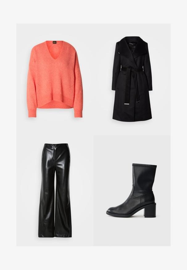Schwarzer, langer Wollmantel mit einem großen Kragen, Wickeldesign, tailliertem Gürtel und zwei seitlichen Taschen. Hat eine elegante Textur und minimalen Hardware.; Korallefarbener V-Ausschnitt-Pullover aus weichem Material; mit überschnittenen Schultern, gerippten Bündchen und dezenten Details entlang dem Saum.; Schwarze Lederweite-Hosen mit glatter Textur, hohem Bund und verdecktem Reißverschluss an der Vorderseite. Maßgeschneiderte Passform mit sauberem Finish.; Schwarze Leder-Ankle Boots mit runder Zehenform, glatter Oberfläche und dicker Absatz, ausgestattet mit einem eng anliegenden Schaft und subtilen Nähten.