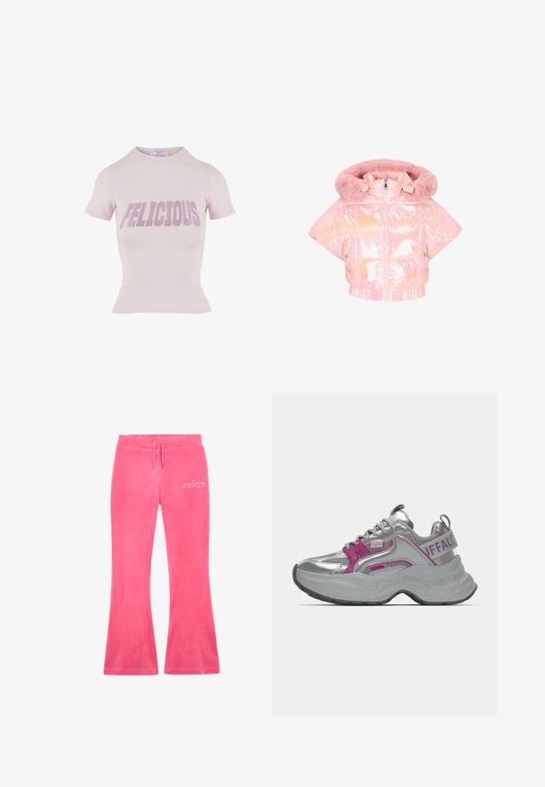 Gewatteerd jack in reflecterend roze materiaal met een capuchon gevoerd met bont, korte brede mouwen en een ritssluiting. Voorzien van doorgestikte delen en een geribde zoom.; Roze T-shirt met korte mouwen en een getailleerde silhouet met geribbelde zoom. Bevat "FELICIOUS" in dikke rhinestones over de voorkant.; Roze uitlopende trainingsbroek van zacht materiaal met een trekkoord in de taille en een strass "JUICY" logo op de linkse heup.; Stevige zilveren sneaker met roze accenten, meshpanelen, dikke zool en "Buffalo"-branding op de hielband en zijkant.