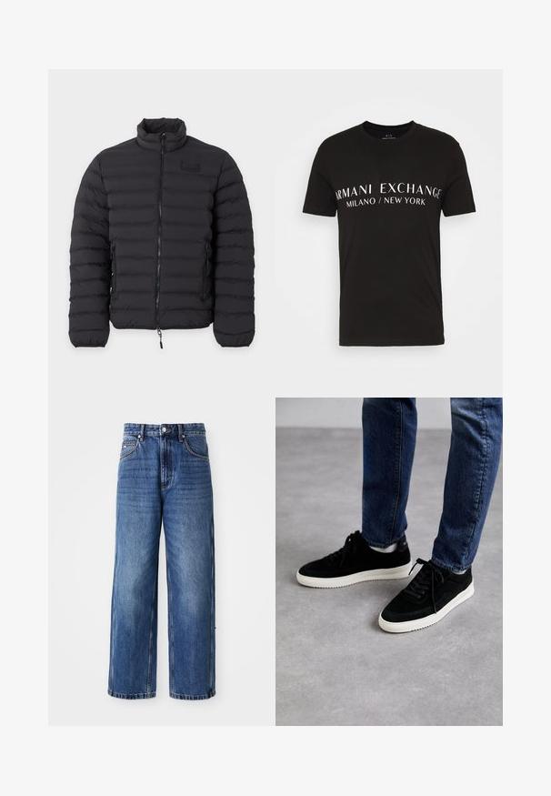Must quiltitud sulejope kogu esiosa lukuga, kõrge kraega, lukuga küljetaskud ja elastsed varrukasäärised.; Must must valge tekstiga "ARMANI EXCHANGE MILANO / NEW YORK" must puuvillane T-särk, klassikalise ümmarguse kaeluse ja lühikeste varrukatega.; Sinine teksariidest laiade jalgevahedega püksid kõrge vöökohaga, nähtava õmblusega, esitnööpide sulguriga ja lõdva istuvusega, millel on pleekinud pesu ja küljetaskud.; Mustast nahast tennisetossud valge kummiseguga tallaga, klassikalise madala disainiga, ümarate varvastega ja lame mustade paeltega.