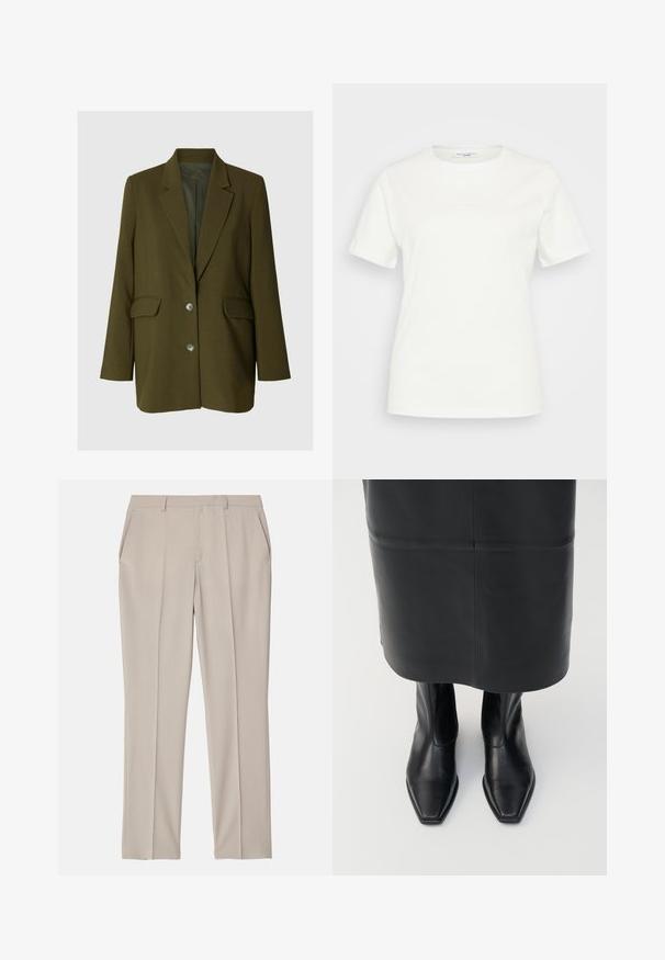 Olivengrøn blazer med hakkede revers, to forlommer med klapper, to knapper og lange ærmer, vist på en neutral baggrund.; Hvid bomulds t-shirt med rund hals og kortærmede. Ingen markante mønstre eller detaljer er synlige på forsiden.; Filippa K EMMA TROUSERS - Bukser - desert tau; Sorte læder støvler med høj ankel, firkantet tådesign og sideskilt. Glat tekstur og minimal hardware; sammen med en sort lædernederdel.