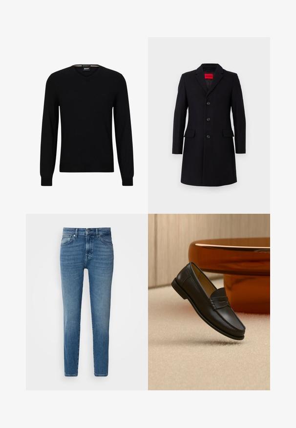 Schwarzer Wollmantel mit maßgeschneiderter Passform. Mit Reverskragen, fünf Knöpfen und zwei vorderen Taschen. Gefüttertes Innenfutter. Rotes Logo sichtbar.; Schwarzer Strickpullover mit langen Ärmeln und V-Ausschnitt. Verfügt über ein dezentes Logo auf der Vorderseite sowie gerippte Bündchen und Saum. Angenehme, glatte Textur.; Helle blaue Denim-Jeans mit geradem Schnitt, traditionellem Fünf-Taschen-Design, Metallknopfverschluss und dezentem Verblassen an der Vorderseite.; Schwarzer Leder-Loafer, der über einem hellbeigen Teppich schwebt, mit bernsteinfarbenen modernen Möbeln im Hintergrund.