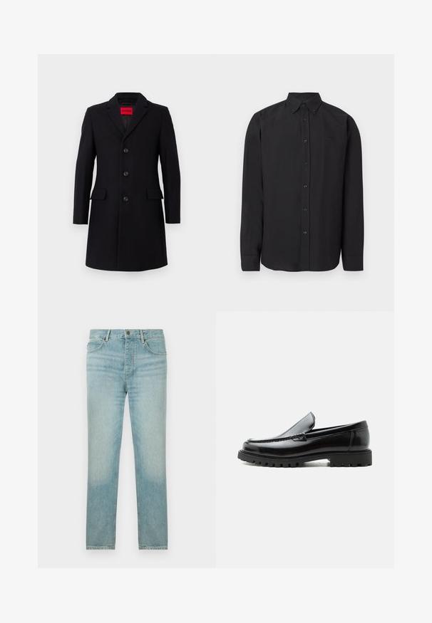 Zwarte wollen jas met een getailleerde pasvorm. Voorzien van een reverskraag, vijf knopen en twee voorkomens. Gevoerd interieur. Rode logo zichtbaar.; Zwart shirt met lange mouwen en een button-down kraag, gemaakt van gladde stof met een subtiel logo. Voorzien van knopen aan de voorkant en manchetten aan de mouwen.; Lichtblauwe denim jeans met een rechte pasvorm, met een vervaagde wassing, vijf-pocketontwerp en een knoopsluiting aan de voorkant.; Zwarte leren loafer met dikke rubberen zool, gestikte bovenkant en gegraveerde merknaam op de hiel, zijaanzicht op witte achtergrond.