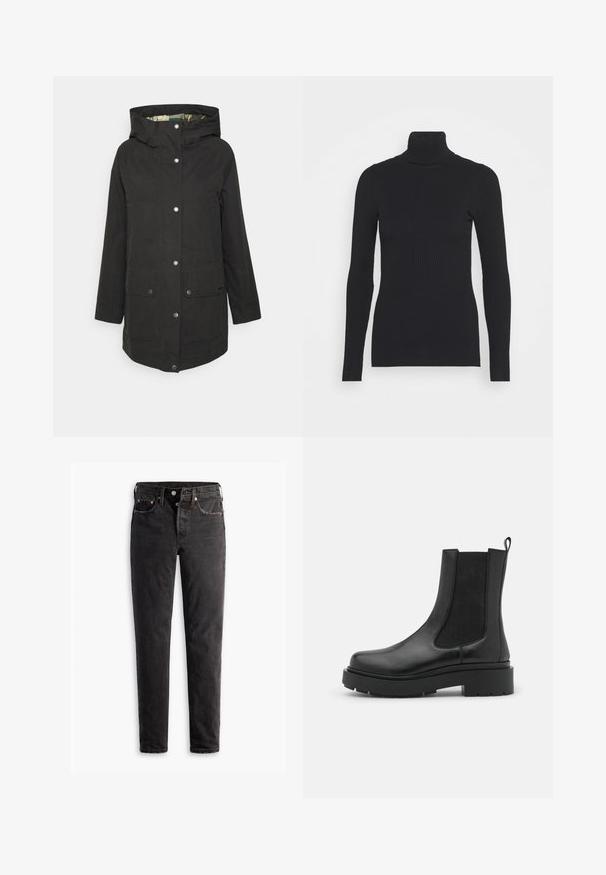 Schwarze wasserdichte Parka mit Kapuze, Druckknopfverschluss, zwei Klapptaschen und einem gelben gemusterten Futter. Glatte Textur, mittellanges Design.; Schwarzer gerippter Rollkragenpullover, der lange Ärmel und eine figurbetonte Silhouette bietet. Die Textur ist glatt mit einem horizontalen Rippenmuster.; Schwarze Jeans aus Denim mit geradem Bein, fünf Taschen, kupferfarbenen Beschlägen und einer leicht ausgebleichten Textur.; Schwarze Lederknöchelstiefel mit elastischen Seiteneinsätzen, dickem Gummisohle und Zuglasche. Glatte Textur mit schlankem Design.