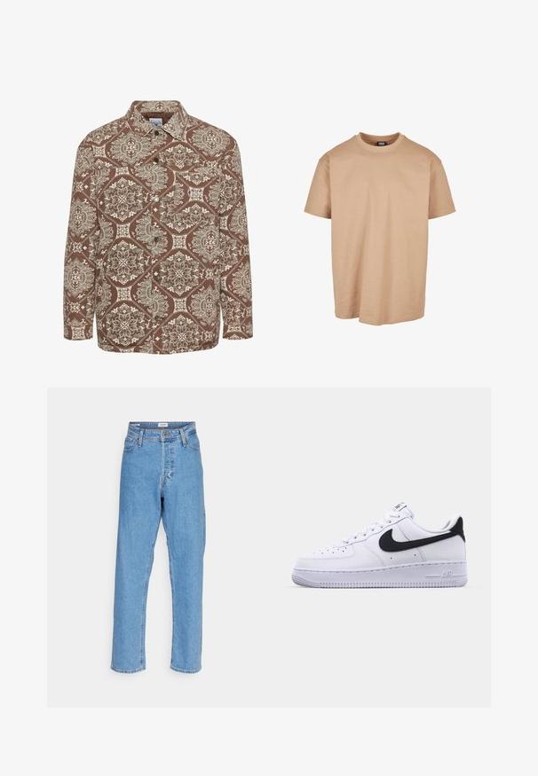 Brun skovmønstret skjorte med indviklede hvide designs, knaplukning foran og krave. Lavet af struktureret stof med lange ærmer.; Beige bomulds t-shirt med rund hals, korte ærmer og en afslappet pasform; har en glat tekstur og et minimalistisk design.; Lyseblå højtaljede lige ben jeans med knap foran, lynlåslukning, bæltestropper og fem-lomme design på hvid baggrund.; Hvide lædersneakers med en struktureret sort Swoosh, flade snørebånd og en gummisål med et rillemønster. "AIR" er præget på hælen.