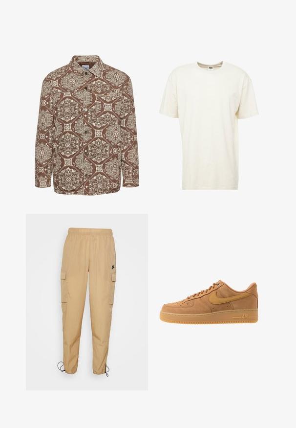 Brun skovmønstret skjorte med indviklede hvide designs, knaplukning foran og krave. Lavet af struktureret stof med lange ærmer.; T-shirt med korte ærmer og rund hals i lys cremefarve. Fremstillet af blødt bommateriale med en afslappet pasform og minimale sømme.; Nike Sportswear Cargobukser - hemp/black; Nike Sportswear AIR FORCE 1 07 - Sneakers - flax/wheat/light brown/black/team gold