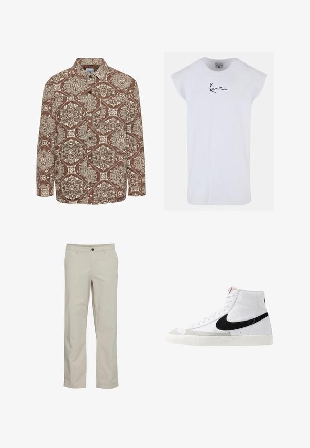 Brun skovmønstret skjorte med indviklede hvide designs, knaplukning foran og krave. Lavet af struktureret stof med lange ærmer.; Karl Kani SMALL SIGNATURE TEE - Top - white; Beige bomuldsbukser med lige ben, frontlommer og enkelt knaplukning. Glat tekstur og minimale syningsdetaljer.; Hvide høje sneakers med et sort swoosh, struktureret grå tåhætte og flad hvid sål. Har seks snørrehuller og syede detaljer.