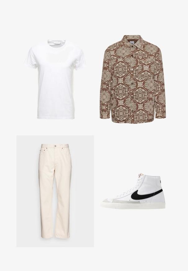 Chemise marron à motifs avec des motifs blancs complexes, boutonnage sur le devant et col. Fabriquée en tissu texturé avec des manches longues.; T-shirt en coton blanc à manches courtes, design col rond et texture lisse. Étiquette visible au niveau du col. Style simple et classique.; Jean en denim couleur crème avec une coupe droite. Dispose de cinq poches, d'une fermeture à bouton à l'avant et de détails de couture contrastés.; Baskets montantes blanches avec un swoosh noir, un capuchon de pied texturé gris et une semelle plate blanche. Elles possèdent six œillets et des accents cousus.