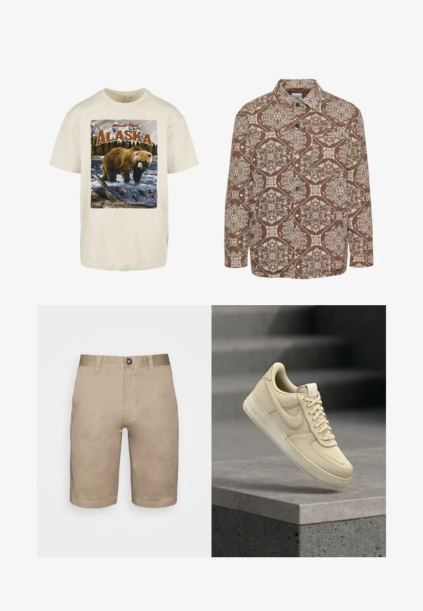 Camisa marrón con un estampado intrincado en blanco, cierre de botones en la parte delantera y cuello. Confeccionada en un tejido texturizado y de mangas largas.; Camiseta de algodón color crema con una impresión gráfica de un oso pardo en el agua, montañas y árboles, con "Alaska" y "La Última Frontera."; Pantalones cortos de algodón beige con corte recto, cierre de botón y bolsillos laterales. Presenta costuras en contraste y una textura suave.; Zapatilla Nike Air Force 1 beige flotando sobre un saliente de hormigón gris con un fondo de escaleras desenfocado.