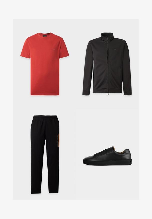 Veste noire zippée intégralement avec col montant, manches longues, poches latérales et petit logo sur la poitrine gauche.; T-shirt rouge à manches courtes et col rond avec un logo Armani Exchange discret sur la poitrine gauche et une étiquette A|X sur le col.; Pantalon de survêtement noir à taille élastique, jambes droites et logo Emporio Armani marron sur la cuisse droite en haut.; Basket basse en cuir noir avec lacets noirs, semelle en caoutchouc texturée et petit logo embossé sur le côté, présenté de profil sur fond gris.