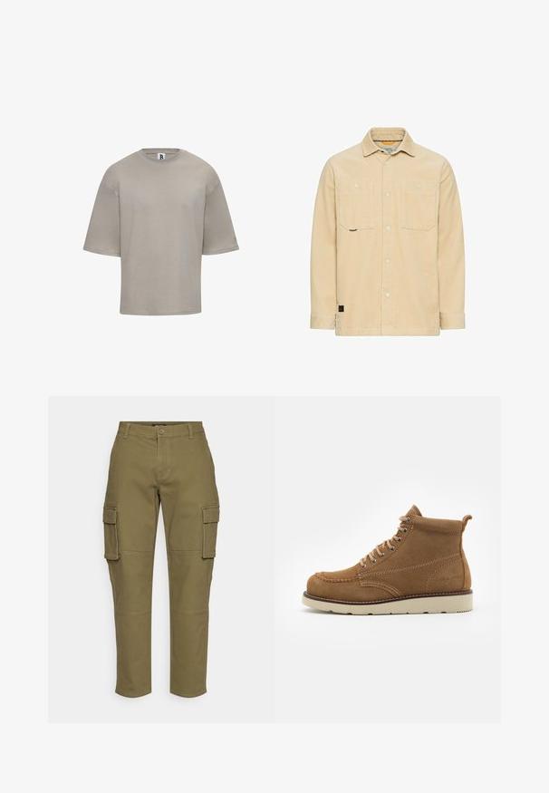 Beige kordfløjl skjortejakke med to brystlommer, krave og lange ærmer.; Kortærmet t-shirt med rund hals i lys beige bomuld. Har en afslappet pasform, glat tekstur og diskret branding på ærmet.; Olivengrønne cargobukser med lige ben-design, der har sidelommer, knaplukning og synlig syning. Lavet af holdbart stof.; Brune ruskindsankelstøvler med rund tå, snørebånd foran og en beige gummisål, der har subtile syninger og en løkke bagpå.