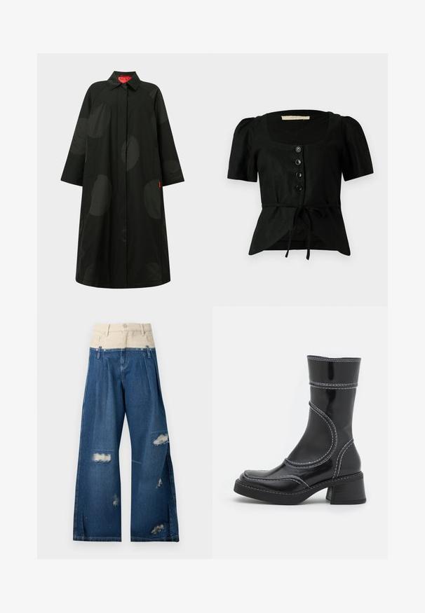 Lang sort frakke med subtile store mørke polkaprikker, brede ærmer, skjult lukning foran og krave, med rød indvendig mærkat.; Sort linen bluse med korte puffærmer, firkantet halsudskæring, fem sorte knapper foran og et bånd i taljen. Struktureret stof.; Højttaljede vidde jeans med beige taljebånd, bæltestropper, slidte pletter på benene og frontplisseringer.; Sort patenteret læder ankelstøvle med hvid stikning, rund tå og blokhæl. Har buede designlinjer og en glat tekstur.