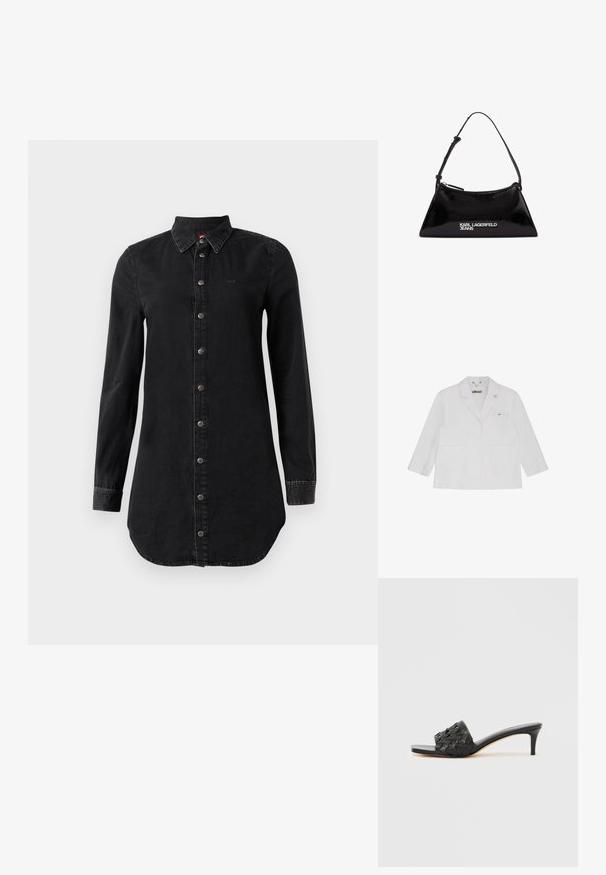 Hvid blazer med trekvartærmer, haseslag med hak, to forlommer og et lille logo på brystlommen.; Sort denim skjortekjole med lange ærmer, knaplukning foran og spidse krave, let buet kant og syede manchetter.; Sorte sandaletter med hæl og vævet struktur på overdelen, åben tå-design og tynd høj hæl. Har en glat læderfodplade.; Sort patentlæder håndtaske med en triangular form, der har en top lynlås og justerbar rem. Logoet "KARL LAGERFELD JEANS" i sølv.