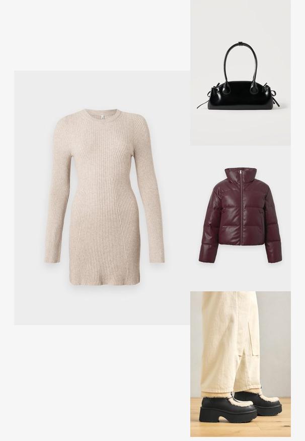 Bordeaux puffer jakke med høj krave, front lynlås lukning og polstret design. Har to sidelommer og en blank finish.; Beige ribbet strik langærmet kjole med en tætsiddende talje og rund halsudskæring på en hvid baggrund.; Sorte platformstøvler med en rund tå, der har en fluffy cremefarvet krave og snøre detaljer, parret med løse beige bukser på et trægulv.; Lille sort blank håndtaske med to lange håndtag og snøre-detaljer i siden på en ensfarvet lys baggrund.