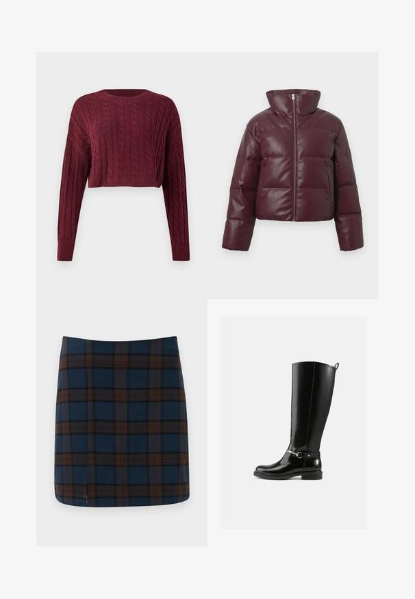 Bordeaux puffer jakke med høj krave, front lynlås lukning og polstret design. Har to sidelommer og en blank finish.; Bordeaux cropped sweater med et kabelstrik mønster, lange ærmer og ribkantet halsudskæring og manchetter, der viser tekstureret stof.; Marineblåternet mini nederdel med brune og grå striber, lavet af et glat stof, med en diskret slids bagpå for let bevægelse.; Sorte knæhøje støvler lavet af blankt læder med en sølvfarvet spænde ved anklen og rundet snude. Flad sål.