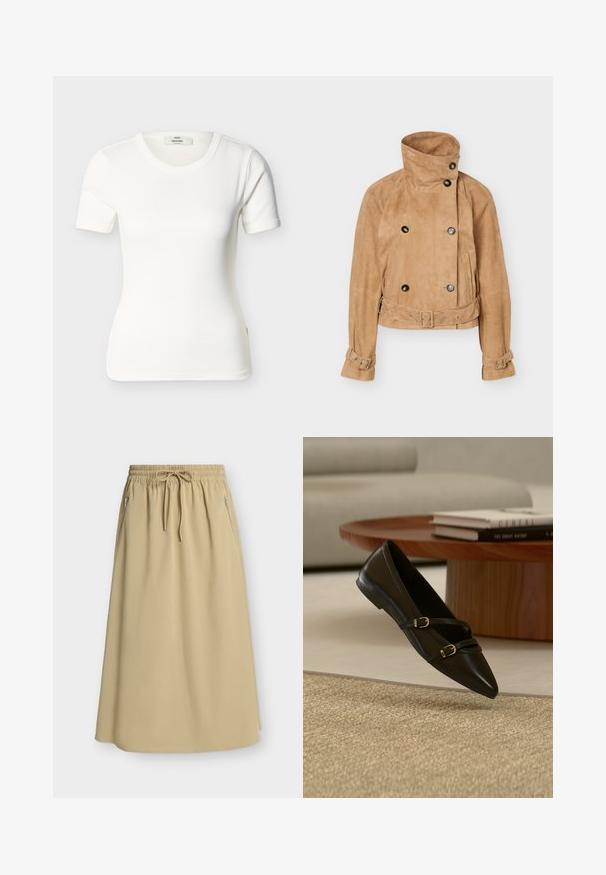 Λιγότερο καστανό καφέ cropped jacket από σουέτ με ψηλό γιακά, διπλή σειρά κουμπιών, ζώνη στη μέση και μανσέτες με αγκράφες στα μακριά μανίκια.; Λευκό εφαρμοστό T-shirt με κοντά μανίκια και στρογγυλή λαιμόκοψη, απλό σχέδιο και ορατή ετικέτα της μάρκας στο εσωτερικό του γιακά.; Μπεζ φούστα μήκους μέχρι το γόνατο με ελαστική μέση, κορδόνι και πλαϊνές τσέπες με φερμουάρ σε μονόχρωμο φόντο.; Μαύρο γυναικείο παπούτσι με μυτερή μύτη και δύο λεπτούς ιμάντες με αγκράφες, που αιωρείται πάνω από ένα μπεζ χαλί, με ένα ξύλινο τραπεζάκι καφέ και βιβλία στο φόντο.