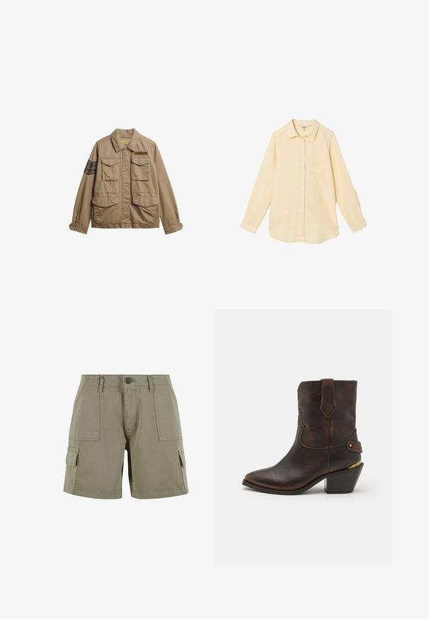 Lichtbruin utility-jack gemaakt van stof, met een kraag, vier voorzakken en een zwart gestreepte accent op de mouw.; Lichtgele blouse met lange mouwen, knopen, kraag en borstzak, plat gelegd op een witte achtergrond.; Khaki cargoshorts van lichtgewicht katoen met twee zijzakken, een voorknopsluiting en een rechte pasvorm.; Bruine leren cowboylaars met een puntenneus en gestapelde hak. Voorzien van een decoratief ruitpatroon en een riem met hardware accent.