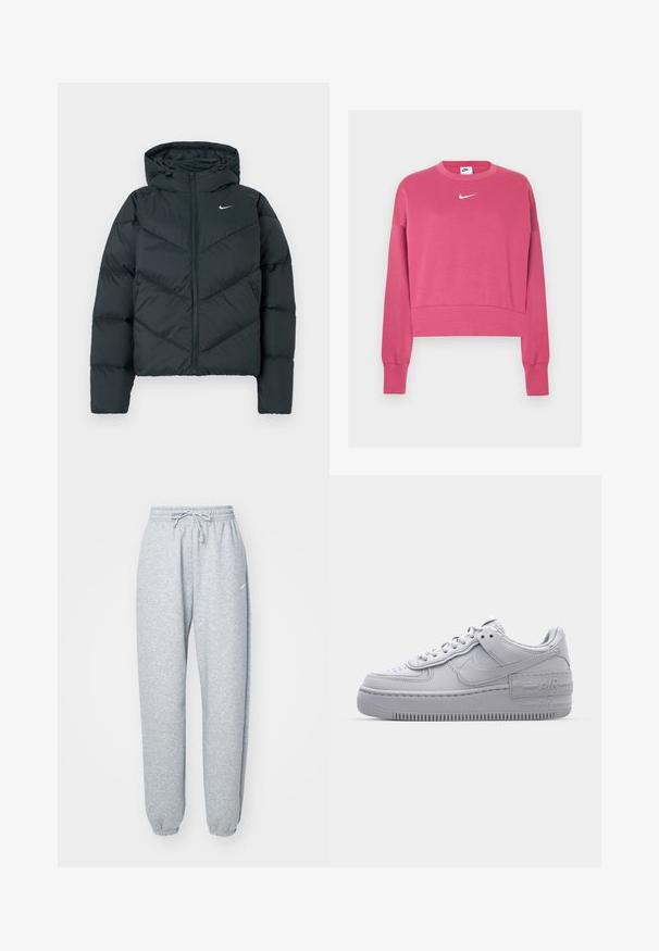 Mørkegrøn pufferjakke med hætte, der har lynlåslukning, chevron-syninger og et lille hvidt logo på venstre bryst.; Pink cropped sweatshirt lavet af bomuldsblanding med lange ærmer, ribbede manchetter og kant, prydet med et hvidt Nike-logo på brystet.; Lysgrå sweatpants lavet af blød bomuldsblanding, med elastisk talje og snoretræk, tapered ben og ribbede manchetter. Minimal brandingdetalje.; Grå Nike Air Force 1 sneakers med perforeret tå, glat læderoverdel, tyk sål og præget 'AIR' detalje på hælen.
