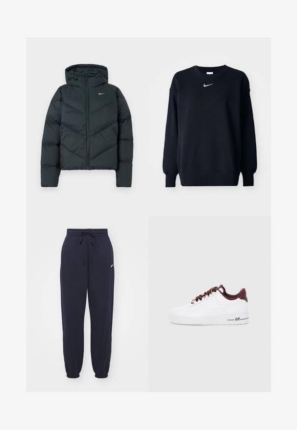 Mørkegrøn pufferjakke med hætte, der har lynlåslukning, chevron-syninger og et lille hvidt logo på venstre bryst.; Sort sweatshirt lavet af bomuldsblanding; ribbet rund hals, lange ærmer og elastiske manchetter; har et lille sølvfarvet Nike-logo på brystet.; Nike joggingbukser i navyblå, lavet af blødt materiale. Har en elastisk talje med snor og manchetter ved anklerne. Lille hvidt logo accenter.; Hvide læder sneakers med mørkerøde accenter, der har runde snørebånd, en polstret krave og teksturerede gummisåler. "AIR" trykt på siden.