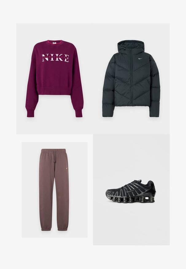 Mørkegrøn pufferjakke med hætte, der har lynlåslukning, chevron-syninger og et lille hvidt logo på venstre bryst.; Lilla cropped sweatshirt med lange ærmer, ribbede manchetter og "NIKE SPORTSWEAR" logo i pink og hvid på tværs af brystet.; Brune Nike træningsbukser med elastisk talje, snor, manchetter ved anklerne og et lille hvidt Nike-logo på den øverste venstre læg.; Sort sportssko med en tekstureret mesh-overdel og en karakteristisk klodset sål med afrundede sektioner. Snørebånd og forstærket hæl for støtte.