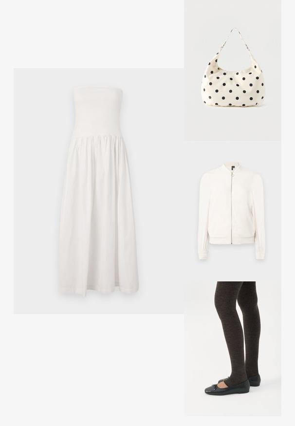 Blouson aviateur blanc à manches longues avec fermeture éclair frontale et poignets, col et ceinture côtelés, présenté sur fond blanc.; Robe maxi blanche sans bretelles avec un corsage ajusté, une taille froncée et une jupe fluide. Fabriquée dans un tissu léger et lisse.; Jambes portant des leggings côtelés foncés associés à des ballerines noires avec de petits détails en nœud sur fond blanc.; Sac à main en tissu crème avec des pois noirs et une seule bandoulière, présenté sur un fond blanc uni.