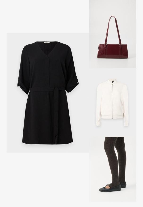Blouson aviateur blanc à manches longues avec fermeture éclair frontale et poignets, col et ceinture côtelés, présenté sur fond blanc.; Robe noire avec un décolleté en V et des manches courtes. Présente une taille nouée, une coupe au genou et un tissu doux et texturé. Pas de motifs ni d'accents.; Jambes portant des leggings côtelés foncés associés à des ballerines noires avec de petits détails en nœud sur fond blanc.; Sac à main bordeaux en matériau brillant, de forme rectangulaire, avec deux anses et des accents légèrement courbés à l'avant.