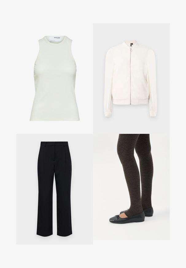 Chaqueta bomber blanca de manga larga con cremallera frontal y puños, cuello y cintura acanalados, mostrada sobre un fondo blanco.; Camiseta sin mangas blanca acanalada con escote redondo de Selected Femme, mostrando vista frontal sin patrones ni decoraciones.; Pantalones negros de corte recto, con cinturilla, pliegues frontales y bolsillos laterales. Fabricados en una tela suave.; Piernas con leggings oscuros acanalados combinados con bailarinas negras que presentan pequeños detalles de lazo sobre un fondo blanco.