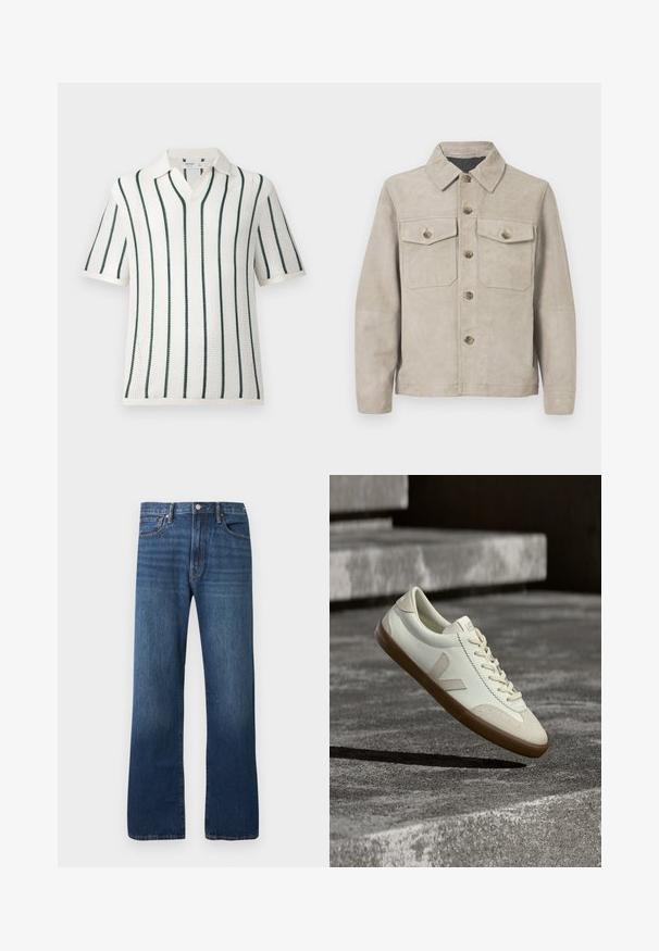 Veste en suède beige avec un col, fermeture à boutons sur le devant et deux poches poitrine avec rabats à boutons. Texture lisse et coupe ajustée.; Polo en maille blanche à manches courtes avec des rayures verticales vert foncé et un col doux, présenté sur un fond uni clair.; Jean en denim bleu droit avec un design classique cinq poches et une fermeture par bouton sur un fond clair uni.; Baskets en cuir blanc avec semelle en caoutchouc beige, lacets plats et accent en forme de V sur le côté. Présentent une surface lisse et peu de détails de couture.