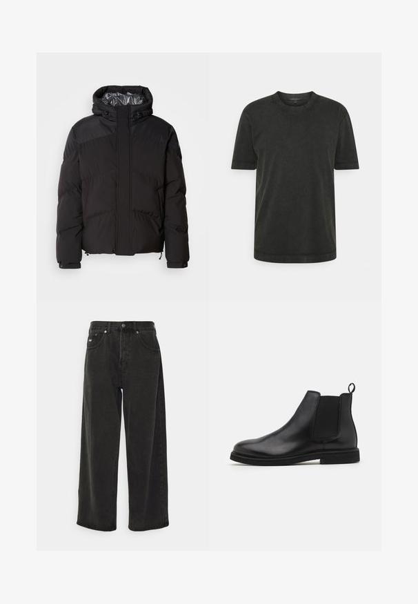 Schwarze Steppjacke mit Kapuze, horizontalen Nähten und glänzendem Innenfutter. Mit Kordelzügen am Saum und an den Manschetten zur Anpassung.; Dunkelgrünes T-Shirt mit kurzen Ärmeln aus weicher Baumwolle, mit rundem Halsausschnitt und geradem Saum, der mit minimalen Nähten versehen ist.; Obey Clothing BIGWIG BAGGY - Baggy Jeans - black; Schwarze Leder Chelsea-Stiefel mit elastischen Seitenpanelen und einem Zugtab. Gerundete Zehenpartie und flache Gummisohle, die eine glatte Oberfläche zeigt.