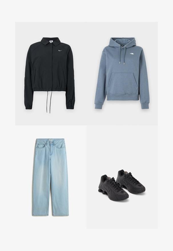 Musta Nikein lyhyt takki, jossa kaulus, joustavat hihansuut ja kiristysnaru helmassa; rinnassa logo; sileä kangaspinta.; Huppari vaaleansinisestä puuvillasekoitteesta. Sisältää etupussitaskun, nyöritettävän hupun ja pienen logon rinnassa.; Vaaleansiniset korkeavyötäröiset leveälahkeiset farkut, joissa on viisi taskua, vetoketjukiinnitys ja hienovarainen haalistus lahkeissa.; Mustat urheilu kengät, joissa on sileä synteettinen päällinen, teksturoituja yksityiskohtia, nauhakiinnitys ja näkyvä joustovarustus kantapäällä.