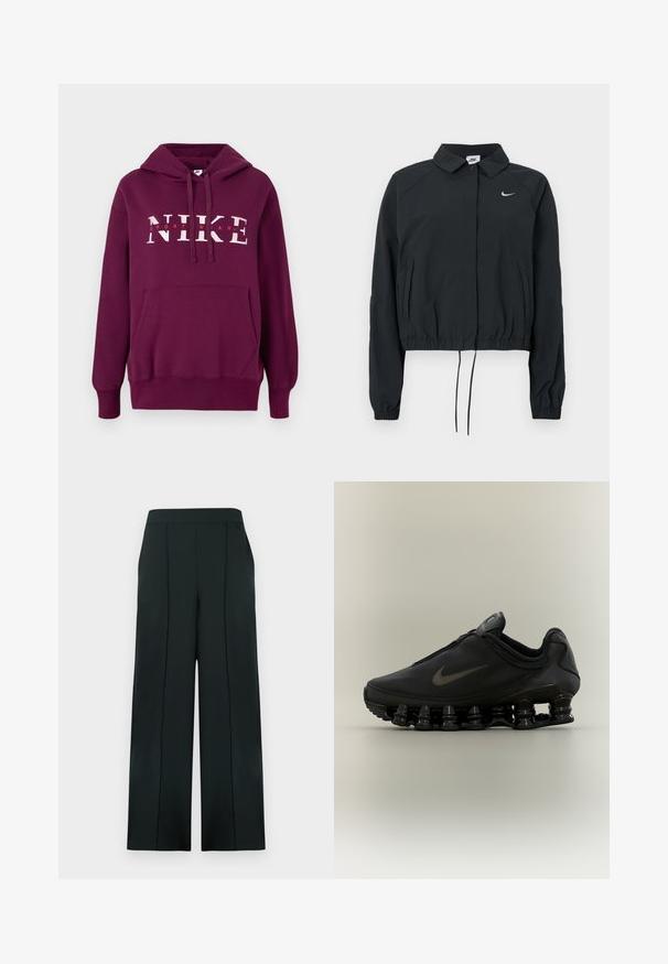 Sort Nike cropped jakke med krave, elastiske ærmekanter og snørre i kanten; logo på brystet; glat stoftekstur.; Lilla Nike hoodie med en frontlomme, snoretræk i hætten og stor hvid tekst "NIKE SPORTWEAR." Blødt stof og ribbede manchetter.; Sorte bukser med brede ben lavet af glat stof, der har en høj talje, lodrette folder og ingen synlige metaldele eller lommer.; Sort Nike-sneaker med lynlåsfunktion øverst og karakteristisk fjederlignende opdelt sål, vist i sideprofil mod en neutral baggrund.