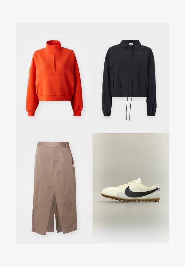 Čierna krátka bunda Nike s golierom, elastickými manžetami a sťahovacou šnúrkou v páse; na hrudi je logo; hladká textúra látky.; Svetlooranžová skrátená mikina s falošným golierom a polovičným zipsom, s širokými rukávmi a textúrovanou látkou pre pohodlie.; Hnedá bavlnená sukňa so rovný dizajnom, s predným rozparkom, bočnými vreckami a štandardným pásom. Hladká textúra a prispôsobené švy.; Biela nízka športová obuv s čiernym logom Nike, gumovou podrážkou a bielymi šnúrkami, zobrazená na neutrálnej pozadí v bočnom pohľade.